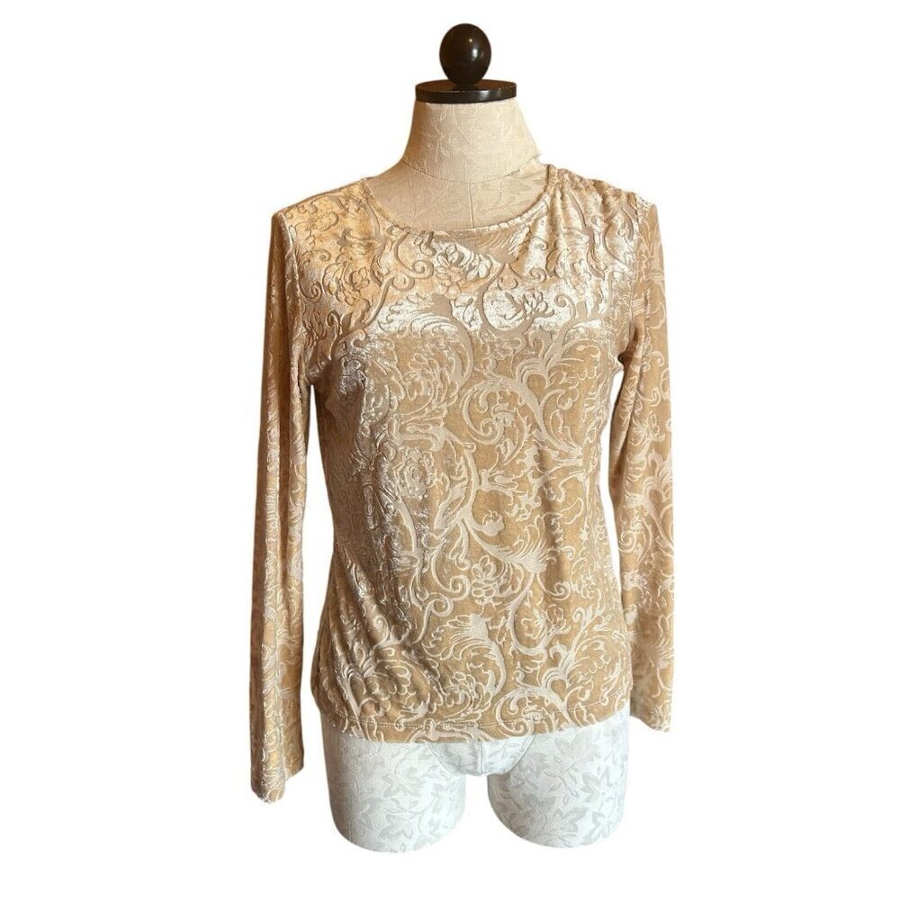 Talbots Women's Long Sleeve Velvet Paisley Floral Print Blouse Lined S Cream